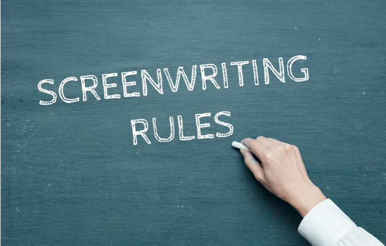 A teacher writing Screenwriting Rules on a chalkboard